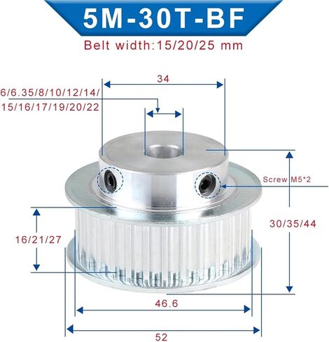 Timing Pulley 5M-30T Bore 6/6.35/8-mm Slot Width 16/21mm 1Pcs(6 mm,21 mm) in Saudi Arabia