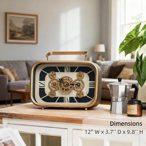 ساعة رف عتيقة مع تروس متحركة حقيقية، ساعة طاولة ريترو، ديكور معدات صناعية Steampunk لغرفة المعيشة، رف، رف، مكتب، هدية للرجال، الزوج، 12 × 3.7 × 9.8 بوصة in Saudi Arabia