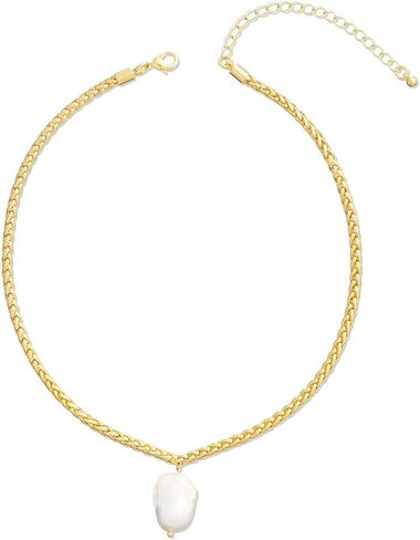 Layered Perla Freshwater Cultured Pearl Necklace for Women – 18k Gold Plated Wheat Chain with Organic Baroque Pearl Pendant – Adjustable 15" to 18" Choker in Saudi Arabia