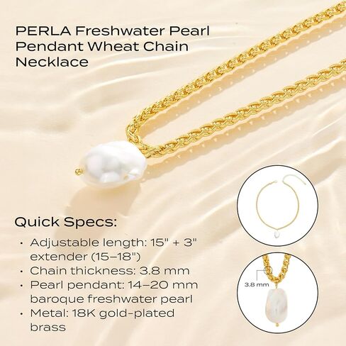 Layered Perla Freshwater Cultured Pearl Necklace for Women – 18k Gold Plated Wheat Chain with Organic Baroque Pearl Pendant – Adjustable 15" to 18" Choker in Saudi Arabia