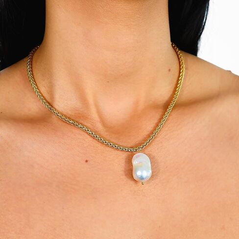 Layered Perla Freshwater Cultured Pearl Necklace for Women – 18k Gold Plated Wheat Chain with Organic Baroque Pearl Pendant – Adjustable 15" to 18" Choker in Saudi Arabia