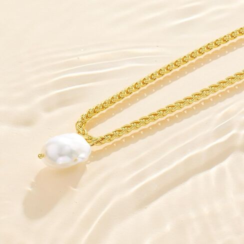Layered Perla Freshwater Cultured Pearl Necklace for Women – 18k Gold Plated Wheat Chain with Organic Baroque Pearl Pendant – Adjustable 15" to 18" Choker in Saudi Arabia