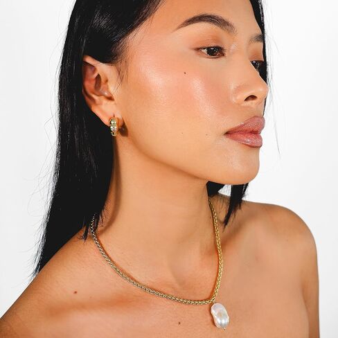 Layered Perla Freshwater Cultured Pearl Necklace for Women – 18k Gold Plated Wheat Chain with Organic Baroque Pearl Pendant – Adjustable 15" to 18" Choker in Saudi Arabia