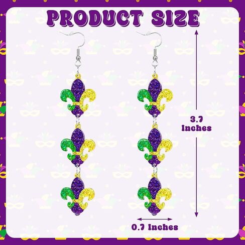 أقراط ماردي غرا، أقراط ترتر فلور دي ليز إكسسوارات ماردي غرا لكرنفال الدهون الثلاثاء مجوهرات نسائية in Kuwait