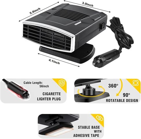 12V Car Heater,Portable Car Heater that Plugs into Cigartte Lighter,200W Fast Heating Windshield Defroster 360° Rotatable Car Heaters for Vehicle,SUVs,Vans,RVs (Black & Silver) in Kuwait