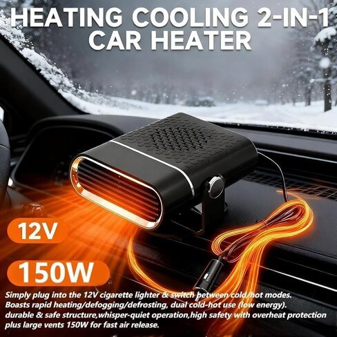 سخان سيارة محمول 12 فولت، مزيل صقيع ومزيل ضباب السيارة سريع التسخين بقدرة 150 وات مع تصميم قابل للدوران 360 درجة، قابس ولاعة السجائر، ضروري لفصل الشتاء للسيارات وسيارات الدفع الرباعي والشاحنات in Kuwait