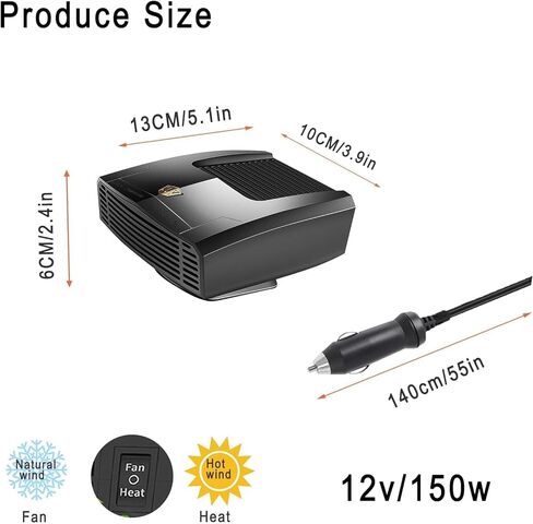 سخان 12 فولت للسيارة، 150 وات، مروحة تبريد سريعة التسخين، مزيل الضباب ومزيل الصقيع، دوران 360 درجة، سخان سيارة محمول يمكن توصيله بولاعة السجائر، حرارة هواء صغيرة 202514 in Kuwait