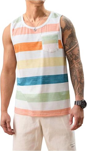 SHENHE Men's Tank Top Color Block Striped Crewneck Sleeveless Unisex Beach Tank Shirt in Saudi Arabia