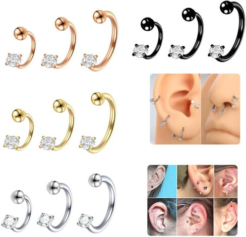 3Pcs 18G Surgical Steel CZ Cartilage Earrings C-Shaped Hoops Snake Bite Lip Rings Nose Rings Body Piercing Jewelry for Women Men 6mm 8mm 10mm in Saudi Arabia