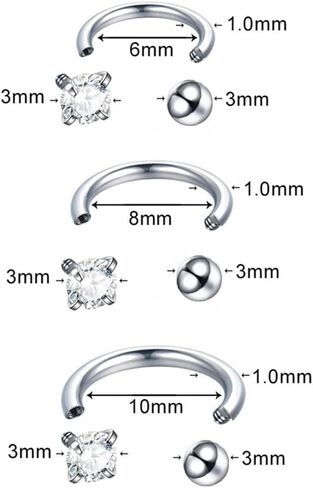 3Pcs 18G Surgical Steel CZ Cartilage Earrings C-Shaped Hoops Snake Bite Lip Rings Nose Rings Body Piercing Jewelry for Women Men 6mm 8mm 10mm in Saudi Arabia
