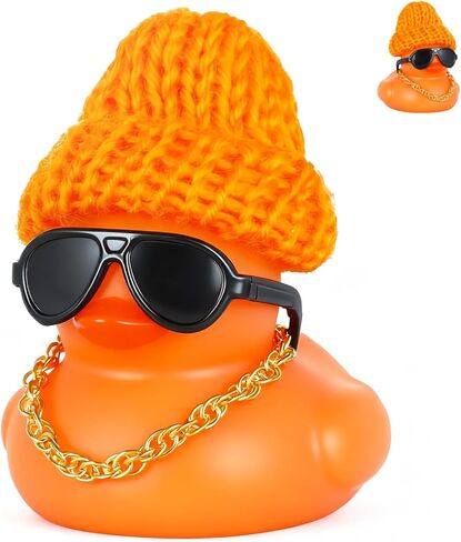 DIY Christmas Rubber Duck with Knit Hat, Glasses & Necklace - Orange Car Dashboard Decor, Squeaky Stress Relief Decorations for Car, Office in Kuwait