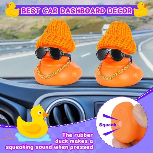 DIY Christmas Rubber Duck with Knit Hat, Glasses & Necklace - Orange Car Dashboard Decor, Squeaky Stress Relief Decorations for Car, Office in Kuwait