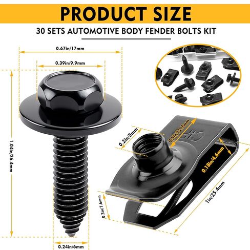 ترقية: 60 قطعة من مشابك صواميل على شكل حرف U مقاس 1/4 بوصة ومجموعة مسامير جسم سداسية الرأس، مثبتات سيارات (30 مجموعة) - مسامير مصد، ومسامير ممتصة للصدمات، وأجهزة درع سبلاش المحرك - مشابك ومسامير معدنية مقاومة للصدأ in Kuwait