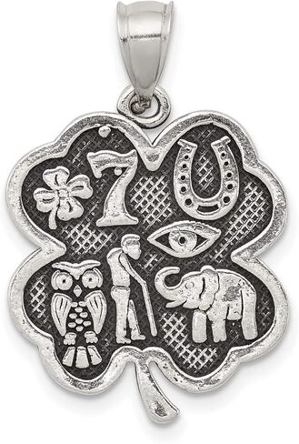 Sterling Silver Four-Leaf Clover Pendant with Horseshoe, Evil Eye, Number Seven, Elephant and Symbols for Good Luck, Spiritual Energy, Protection Amulet, Unisex Charm for Symbolic Jewelry Collections in Saudi Arabia