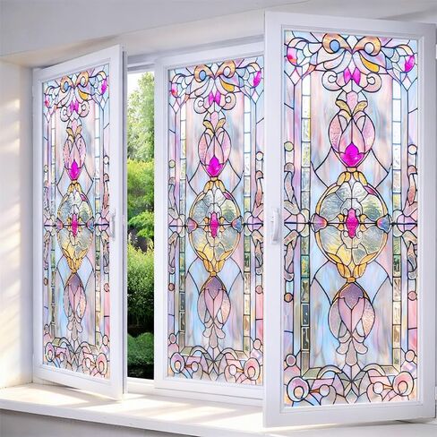 IVN Stained Glass Window Film Rose Floral Design 17.7x39.3 inch Window Privacy Film Stained Decals Static Cling Sun Blocking Decor for Home Office Windows Door Glass Partitions in Saudi Arabia