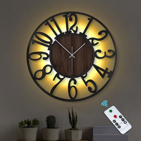 ساعة حائط كبيرة من LEIKE مقاس 24 بوصة ساعة خشبية ريفية مضاءة مع مؤقت عن بعد، ساعة حائط حديثة كبيرة الحجم تعمل بالبطارية الصامتة لغرفة المعيشة وغرفة النوم والمزرعة وديكور المنزل وعرض أرقام كبيرة in Kuwait