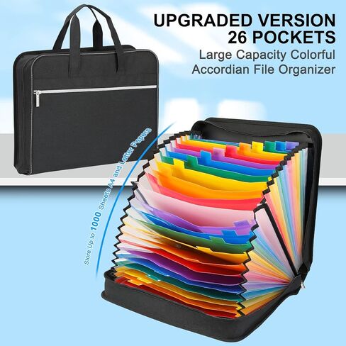 Accordian File Organizer with Handle,26 Pockets Expanding File Folder, Portable Cloth Document Organizer Accordion File Keeper for Letter Size / A4 File, for Office, School-Black in Saudi Arabia