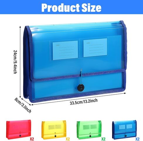 8 Pack Plastic Expanding File Folder with Elastic Cord & Button Closure, Waterproof Transparent Colorful File Folder Organizer Holder Accordion File Pouch for Office/School, Fit Letter/A4 Size in Saudi Arabia