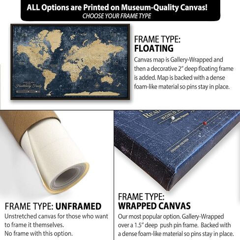 HolyCowCanvas خريطة العالم ذات الدبوس الذهبي والكحلي المخصص على القماش لتتبع الرحلات، لوحة دبوس لخريطة العالم، متتبع سفر البقرة المقدسة in Kuwait