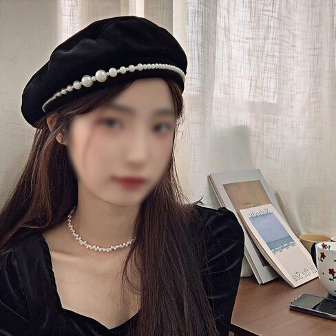 المرأة قبعة بيريه الأناقة المخملية قبعة الموضة الفرنسية اللؤلؤ الفنان قبعة قبعة خمر قبعة صغيرة in Kuwait