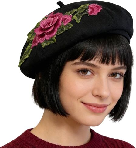 قبعة بيريه نسائية مطرزة بالزهور ثلاثية الأبعاد على الطراز الفرنسي، قبعة بيريه زهرية للنساء بتصميم فريد من نوعه، أغطية رأس أنيقة in Kuwait