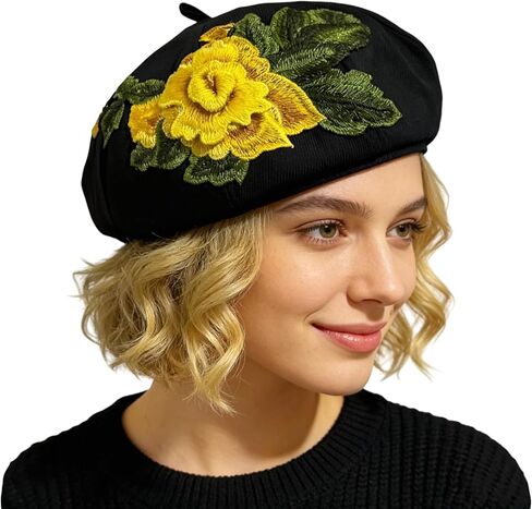 Women 3D Flower Embroidery Beret Hat French Style Floral Beret Cap for Women Unique Design Fashion Headwear in Saudi Arabia