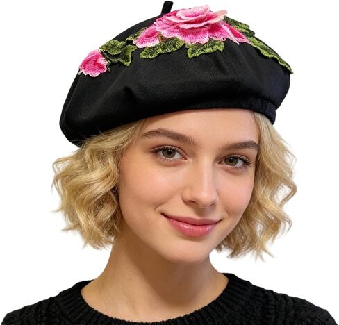 Women 3D Flower Embroidery Beret Hat French Style Floral Beret Cap for Women Unique Design Fashion Headwear in Saudi Arabia