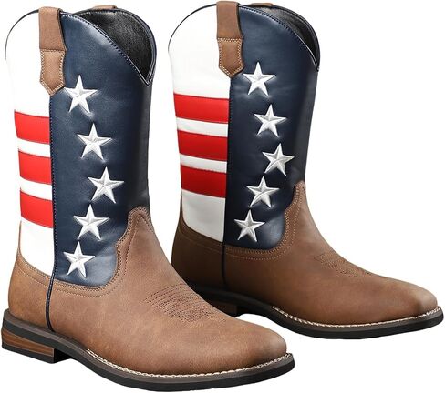 Santimon Men's Cowboy Boots Western Stars & Stripes Slip-on Leather Square Toe Work Riding Boots in Saudi Arabia