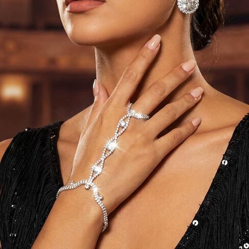 GORTIN Rhinestones Gloves Wedding Fingerless Gloves Silver Sparkle Hand Chain Bracelets for Women in Saudi Arabia