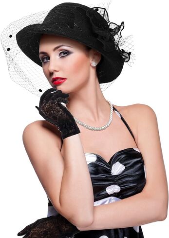 Zhanmai Fascinators Hat for Women Tea Party Set Church Cloche Hat Pearl Necklace Lace Gloves for Wedding Party in Kuwait