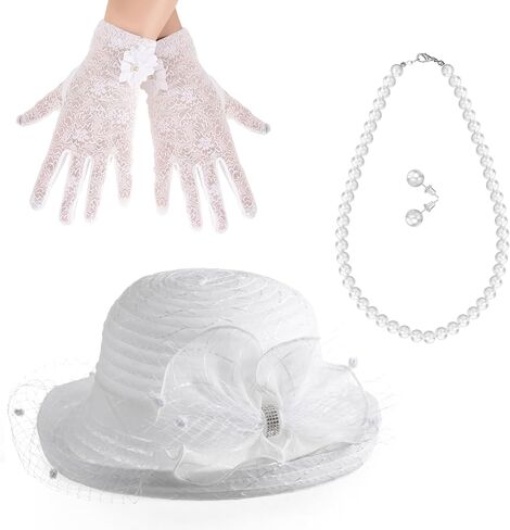 Zhanmai Fascinators Hat for Women Tea Party Set Church Cloche Hat Pearl Necklace Lace Gloves for Wedding Party in Kuwait