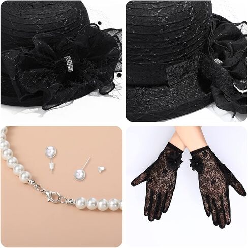 Zhanmai Fascinators Hat for Women Tea Party Set Church Cloche Hat Pearl Necklace Lace Gloves for Wedding Party in Kuwait
