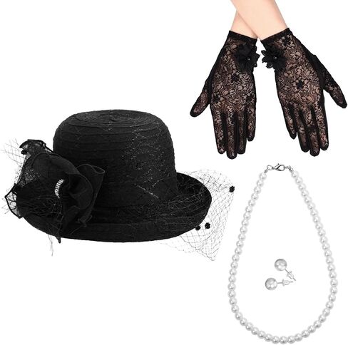Zhanmai Fascinators Hat for Women Tea Party Set Church Cloche Hat Pearl Necklace Lace Gloves for Wedding Party in Kuwait
