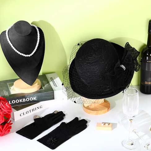 Zhanmai Fascinators Hat for Women Tea Party Set Church Cloche Hat Pearl Necklace Lace Gloves for Wedding Party in Kuwait