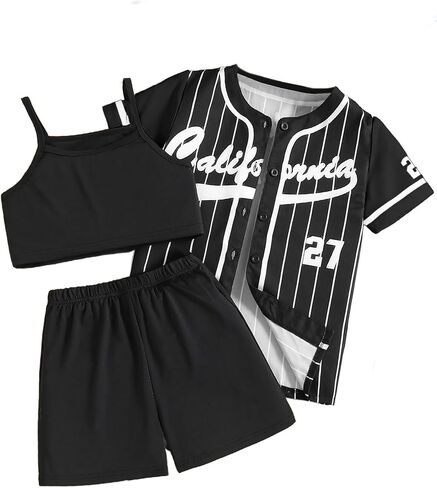 طقم ملابس رياضية للفتيات مكون من 3 قطع - سترة صوفية مخططة وقميص بدون أكمام وسروال قصير، طقم صيفي على طراز الشارع in Kuwait