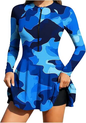 Women's Rash Guard Swimdress with Shorts Athletic Surfing Bathing Suits Long Sleeve Front Zipper Swing Swimsuit in Saudi Arabia