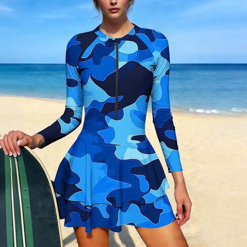 Women's Rash Guard Swimdress with Shorts Athletic Surfing Bathing Suits Long Sleeve Front Zipper Swing Swimsuit in Saudi Arabia