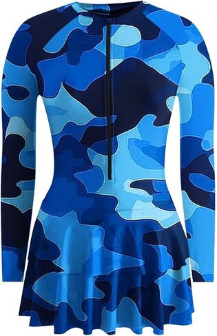 Women's Rash Guard Swimdress with Shorts Athletic Surfing Bathing Suits Long Sleeve Front Zipper Swing Swimsuit in Saudi Arabia