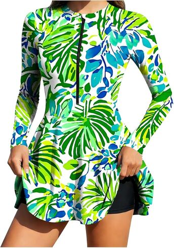 Women's Rash Guard Swimdress with Shorts Athletic Surfing Bathing Suits Long Sleeve Front Zipper Swing Swimsuit in Saudi Arabia