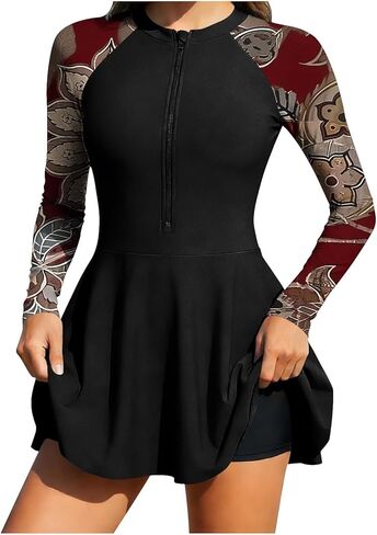 Women's Rash Guard Swimdress with Shorts Athletic Surfing Bathing Suits Long Sleeve Front Zipper Swing Swimsuit in Saudi Arabia
