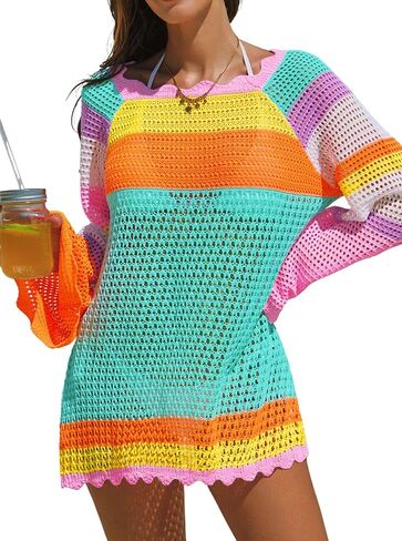 popvil Women’s Crochet Swimwear Cover Up Dress Long Sleeve Sheer Knit Beach Cover Up Bikini Coverups for Vacation Resort in Saudi Arabia