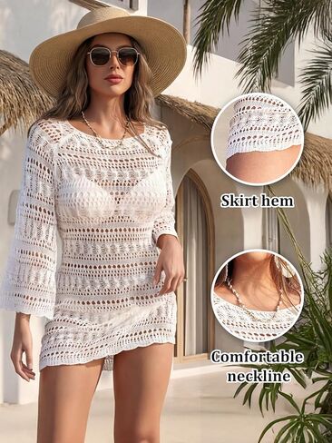 Women Crochet Cover Up Long Sleeve Beachwear Hollow Knitted Dress Swimwear Overlay Bikini Coverups for Pool Resort in Saudi Arabia