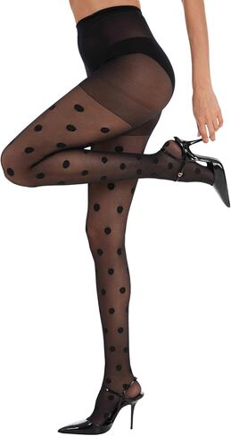 Black Polka Dot Tights for Women | 30 DEN Patterned Pantyhose with Control Top, Nylon Stockings, Parties & Dresses in Saudi Arabia