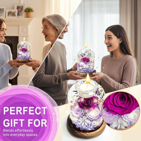 Preserved Flowers in Glass Dome, Eternal Rose Bouquet, Long Lasting Real Flowers Gift with Greeting Card for Anniversary, Birthday, Valentine’s Day, Mother’s Day, Wife, Mom (Purple) in Kuwait