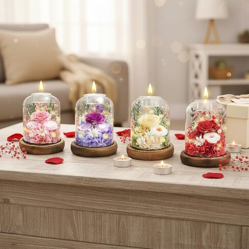 Preserved Flowers in Glass Dome, Eternal Rose Bouquet, Long Lasting Real Flowers Gift with Greeting Card for Anniversary, Birthday, Valentine’s Day, Mother’s Day, Wife, Mom (Purple) in Kuwait