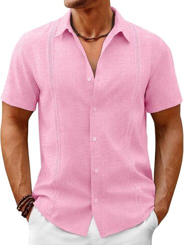 قمصان رجالي من Runcati من الكتان Guayabera بأكمام قصيرة قميص صيفي كوبي غير رسمي بأزرار للأسفل قميص للشاطئ المكسيكي الهبي قطع علوية لحفلات الزفاف in Saudi Arabia