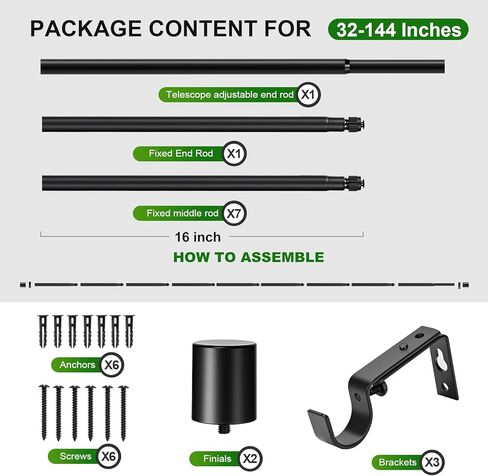 قضيب ستارة أسود قوي للغاية مقاس 1 بوصة للنوافذ الكبيرة - مجموعة قضبان شديدة التحمل قابلة للتعديل من 72 إلى 140 بوصة مع تشطيبات زخرفية وأقواس تثبيت - الحمام، المطبخ، غرفة النوم in Kuwait