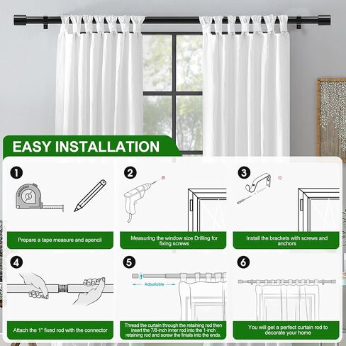 قضيب ستارة أسود قوي للغاية مقاس 1 بوصة للنوافذ الكبيرة - مجموعة قضبان شديدة التحمل قابلة للتعديل من 72 إلى 140 بوصة مع تشطيبات زخرفية وأقواس تثبيت - الحمام، المطبخ، غرفة النوم in Kuwait