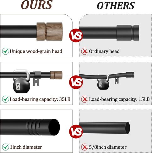 قضبان ستائر خشبية للنوافذ من 66 إلى 120 بوصة، طول قابل للتعديل 1 بوصة قضيب ستارة نافذة شديد التحمل مع تشطيبات زخرفية للمطبخ والغرفة in Kuwait