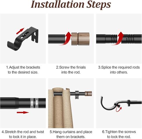 قضبان ستائر خشبية للنوافذ من 66 إلى 120 بوصة، طول قابل للتعديل 1 بوصة قضيب ستارة نافذة شديد التحمل مع تشطيبات زخرفية للمطبخ والغرفة in Kuwait
